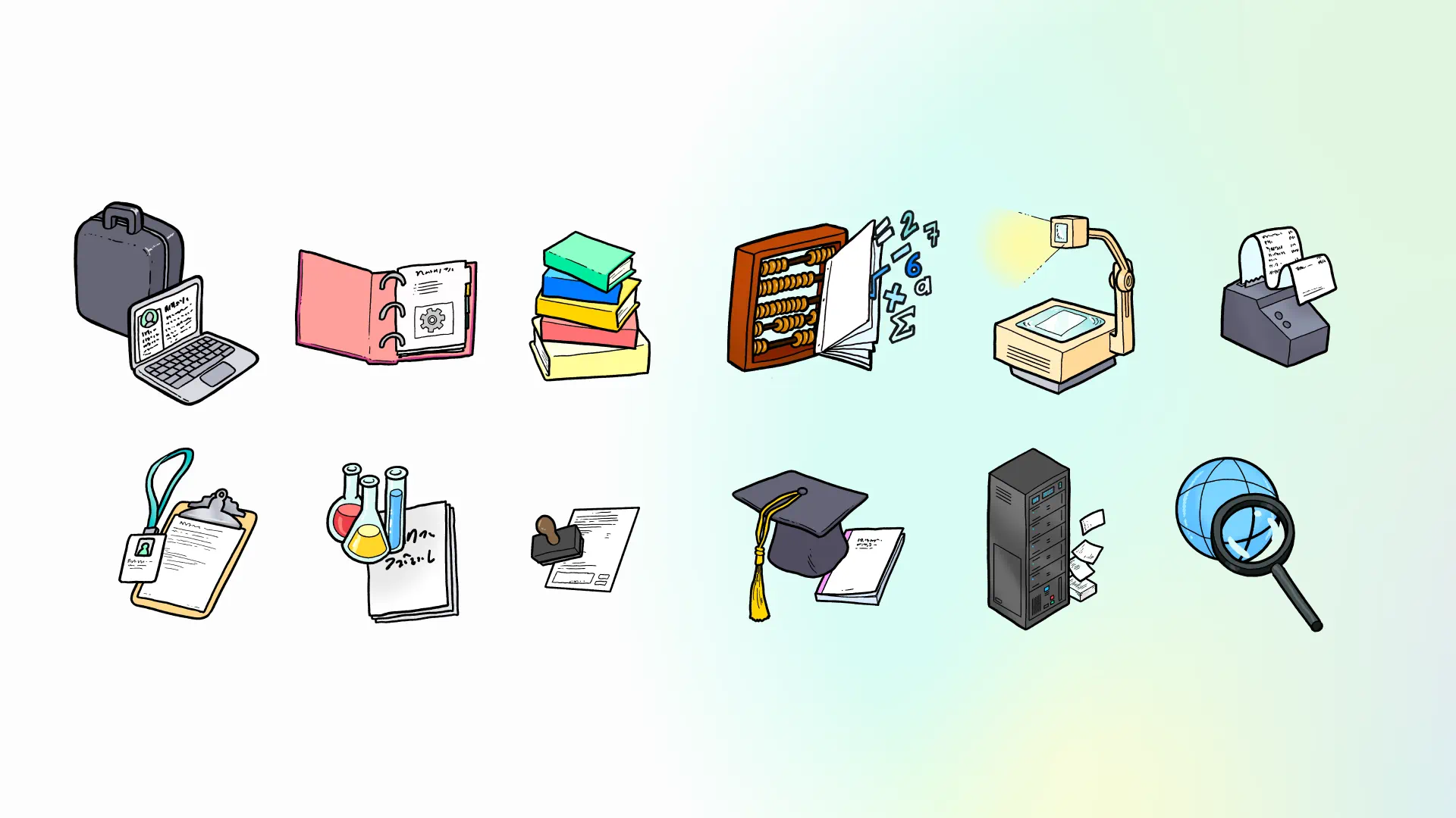 Various drawings representing the types of documents that can be created with Typst. The items include: a laptop computer, an open referece, a stack of colorful books, an abacus with numbers floating nearby, a white envelope, a clipboard with papers, laboratory beakers and test tubes, a rubber stamp with documents, a graduation cap with a thesis, a server, and a globe.